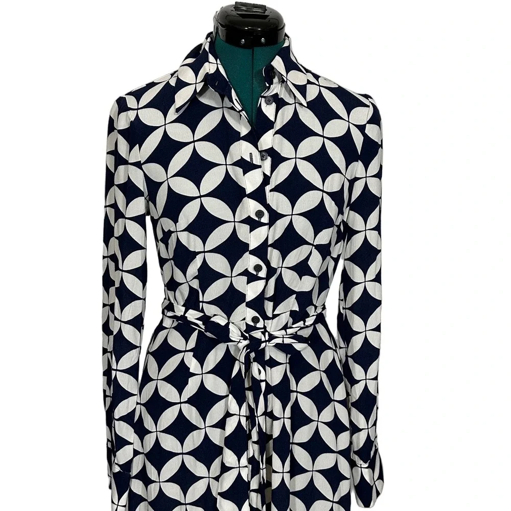 Boden Shirt Dress Geometric Petal Print 4R Navy White Belted Long Sleeve Midi - Picture 4 of 9
